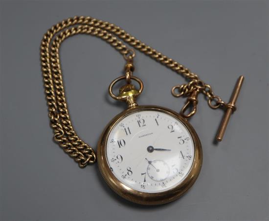 A gold plated pocket watch and a 9ct albert,